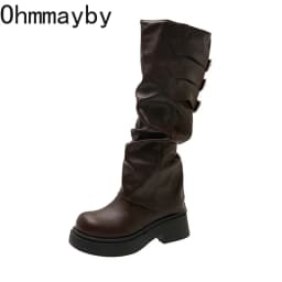 Vintage Platform Thick Sole Women Knee High Boots Fashion Ladies Multi Buckle Leather Long Booties Botas De Inverno Feminina