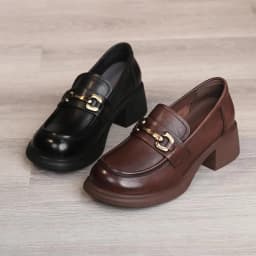 DRKANOL Ladies Loafers Luxury Design Genuine Leather Metal Slip On Thick Heel Casual Loafers Round Toe Retro Women Casual Shoes