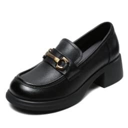 DRKANOL Ladies Loafers Luxury Design Genuine Leather Metal Slip On Thick Heel Casual Loafers Round Toe Retro Women Casual Shoes