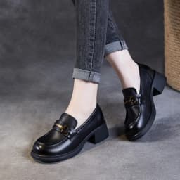 DRKANOL Ladies Loafers Luxury Design Genuine Leather Metal Slip On Thick Heel Casual Loafers Round Toe Retro Women Casual Shoes