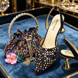 Multicolor Rhinestone Heels & Bag Set | Crystal Pointed Slingback Pumps, Women Wedding Bridal Evening Party Matching Shoes Handb