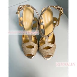 Women Peep Toe Platform Sandals Thin Stiletto Heel Gold Glitter T‑Strap Closure Ladies Wedding Party Evening High Heel Sandals