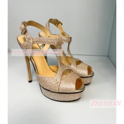 Women Peep Toe Platform Sandals Thin Stiletto Heel Gold Glitter T‑Strap Closure Ladies Wedding Party Evening High Heel Sandals