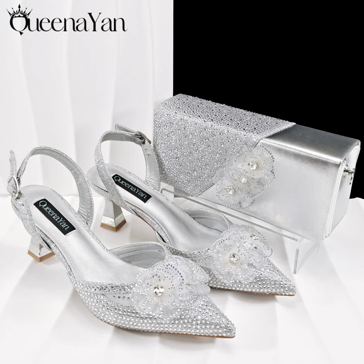QueenaYan 2026 Elegant Silver Pointed-Toe High Heels Shoes with Diamond Accents & Matching Bag - Ideal for Party Elegance