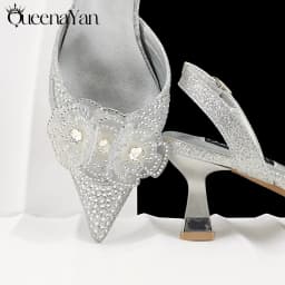 QueenaYan 2026 Elegant Silver Pointed-Toe High Heels Shoes with Diamond Accents & Matching Bag - Ideal for Party Elegance