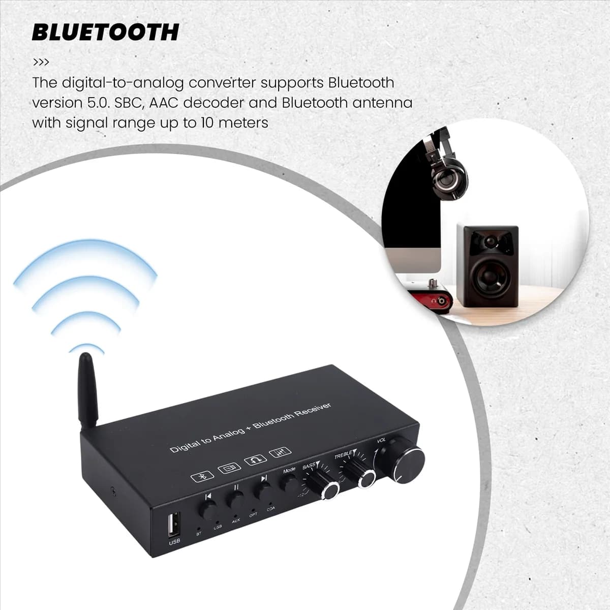 New USB 192KHz DAC Digital to Analog Converter with Headphone Amplifier Built-in Bluetooth 5.0 Receiver Music Player