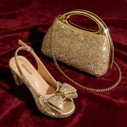 Venus Chan 2026 Women’s Italian Gold High Heels with Rhinestone Detail & Matching Bag Set - Stylish Pointed Toe Design