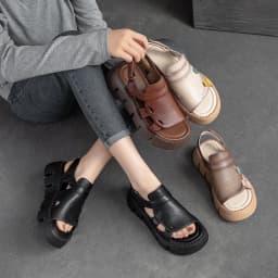DRKANOL 2026 Handmade Genuine Leather Sandals Women Designer Luxury Hook And Loop Wedges Platform Casual Sandals Summer Shoes