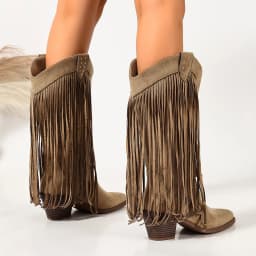 Vintage Tassel Western Cowboy Boots for Women, Pointed Toe, Chunky Heel, Mid-Calf Boots, Suede, Studded, Embroidered, V-Cut Riding Boots, Bohemian Long Boots