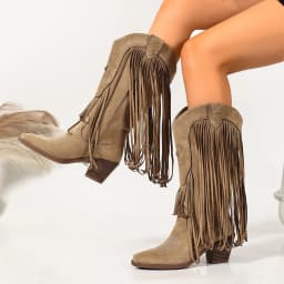 Vintage Tassel Western Cowboy Boots for Women, Pointed Toe, Chunky Heel, Mid-Calf Boots, Suede, Studded, Embroidered, V-Cut Riding Boots, Bohemian Long Boots