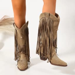 Vintage Tassel Western Cowboy Boots for Women, Pointed Toe, Chunky Heel, Mid-Calf Boots, Suede, Studded, Embroidered, V-Cut Riding Boots, Bohemian Long Boots