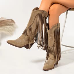 Vintage Tassel Western Cowboy Boots for Women, Pointed Toe, Chunky Heel, Mid-Calf Boots, Suede, Studded, Embroidered, V-Cut Riding Boots, Bohemian Long Boots