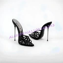 Women Hot Pink Patent Leather Pointed Toe High Heel Slippers Cross Strap Thin Metal Heel Open Back Summer Party Mule Slides 46