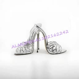 Women Hot Pink Patent Leather Pointed Toe High Heel Slippers Cross Strap Thin Metal Heel Open Back Summer Party Mule Slides 46