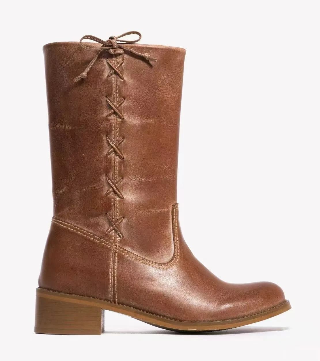 Brown chunky low heels bowknot leather high boots women's western causal dress cowboy long boot luxury designer soft shoes