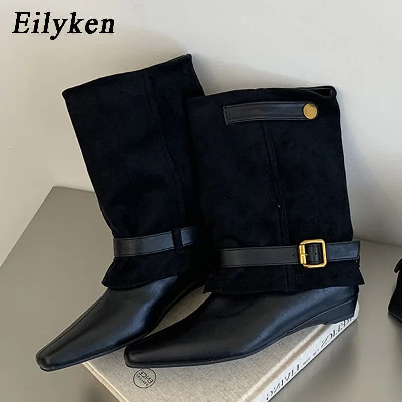 Eilyken 2027 Vintage Belt Buckle Splicing Wedges Low Heels Woman Ankle Boots Fashion Pointed Toe Shoes Botas Feminina