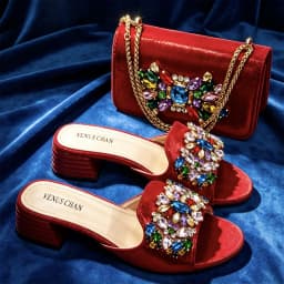 VENUS CHAN Women Colorful Rhinestone Embellished Satin Mules & Handbag Set for Wedding Party Evening Events