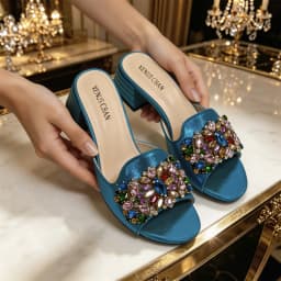 VENUS CHAN Women Colorful Rhinestone Embellished Satin Mules & Handbag Set for Wedding Party Evening Events