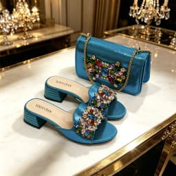 VENUS CHAN Women Colorful Rhinestone Embellished Satin Mules & Handbag Set for Wedding Party Evening Events