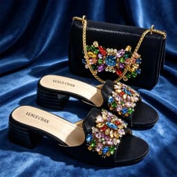 VENUS CHAN Women Colorful Rhinestone Embellished Satin Mules & Handbag Set for Wedding Party Evening Events