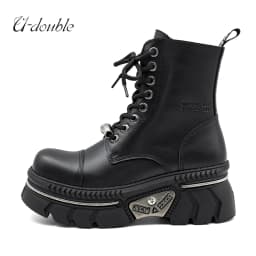 New Punk Women Platform Ankle Boots Female's Rock Round Toe Lace Up Fashion Retro Chunky Shoes Metal Decor Short Boots