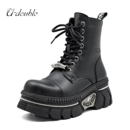 New Punk Women Platform Ankle Boots Female's Rock Round Toe Lace Up Fashion Retro Chunky Shoes Metal Decor Short Boots