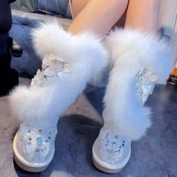 Oversized Fox Hair Flower Diamond Accessories Fur One Party Snow Boots Handmade Plus Size White Women's Cotton Shoes 35-44