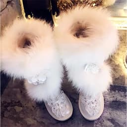 Oversized Fox Hair Flower Diamond Accessories Fur One Party Snow Boots Handmade Plus Size White Women's Cotton Shoes 35-44