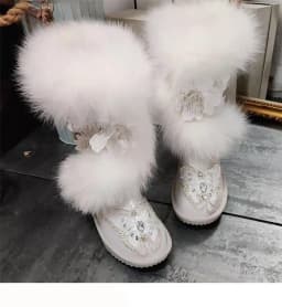 Oversized Fox Hair Flower Diamond Accessories Fur One Party Snow Boots Handmade Plus Size White Women's Cotton Shoes 35-44