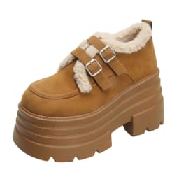 New Winter Chunky Casual Snow Shoes Woman 10CM High Platform Wedge Heels Warm Fur Sneakers Fashion Women Buckle Leather Shoes