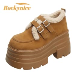 New Winter Chunky Casual Snow Shoes Woman 10CM High Platform Wedge Heels Warm Fur Sneakers Fashion Women Buckle Leather Shoes