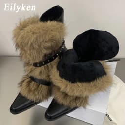 Eilyken New Design Fluff Fuzz Rivet Belt Buckle Women Ankle Western Boots Autumn Winter Pointed Toe Chunky Heels Shoes