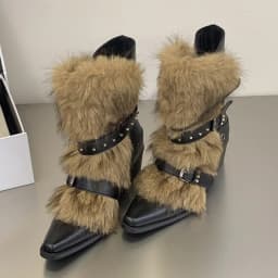 Eilyken New Design Fluff Fuzz Rivet Belt Buckle Women Ankle Western Boots Autumn Winter Pointed Toe Chunky Heels Shoes