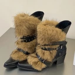 Eilyken New Design Fluff Fuzz Rivet Belt Buckle Women Ankle Western Boots Autumn Winter Pointed Toe Chunky Heels Shoes
