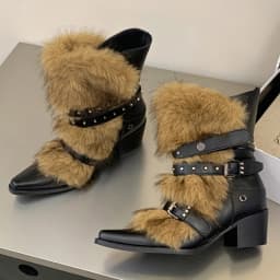 Eilyken New Design Fluff Fuzz Rivet Belt Buckle Women Ankle Western Boots Autumn Winter Pointed Toe Chunky Heels Shoes
