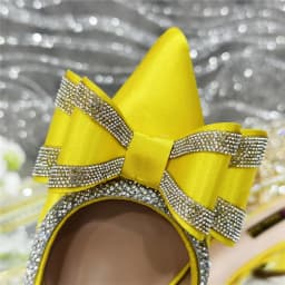 Elegant Yellow Satin Rhinestone Bow Slingback Heels & Clutch Bag Set, Women Bridal Matching Kit For Wedding Party Evening Prom F
