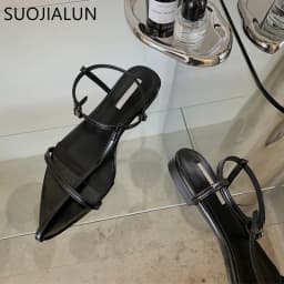 SUOJIALUN 2025 New Brand Women Sandal Fashion Narrow Band Flat Heel Ladies Gladiator Shoes Pointed Toe Ankle Buckle Zapatos Muje