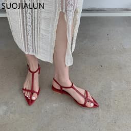 SUOJIALUN 2025 New Brand Women Sandal Fashion Narrow Band Flat Heel Ladies Gladiator Shoes Pointed Toe Ankle Buckle Zapatos Muje