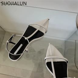 SUOJIALUN 2025 New Brand Women Sandal Fashion Narrow Band Flat Heel Ladies Gladiator Shoes Pointed Toe Ankle Buckle Zapatos Muje