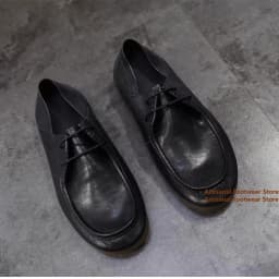 Men's Black Leather Lace-Up Shoes Vintage Round Toe Soft Flexible Flat Sole Casual Driving Leather Loafers Trendy Men's Shoes