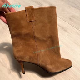 Brown Suede Slip On Ankle Boots Round Toe Thin Heels Elegant Women's Boots Retro Winter Daily Office Fashion Ladies Shoes