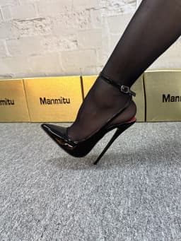 New 12CM Red Patent Leather Ankle Strap Super High Heels Women's Shoes, Shallow Mouth Sexy Back Hollow Pointed Sandals