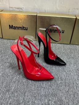 New 12CM Red Patent Leather Ankle Strap Super High Heels Women's Shoes, Shallow Mouth Sexy Back Hollow Pointed Sandals