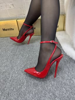 New 12CM Red Patent Leather Ankle Strap Super High Heels Women's Shoes, Shallow Mouth Sexy Back Hollow Pointed Sandals
