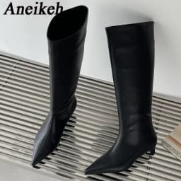 Aneikeh 2027 Fashion Sexy Pointed Low Heels Knee Long Boots Women's Spring/Autumn PU Sewing Party Ball Western Boots 35-42