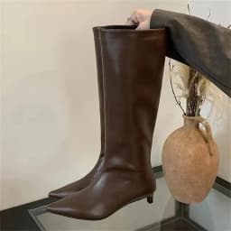 Aneikeh 2027 Fashion Sexy Pointed Low Heels Knee Long Boots Women's Spring/Autumn PU Sewing Party Ball Western Boots 35-42