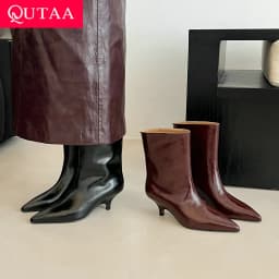 QUTAA Fashion Women Ankle Boots Winter Genuine Leather Autumn Shoes Kitten High Heels Pointed Toe Dress Lady Short Boots 34-43