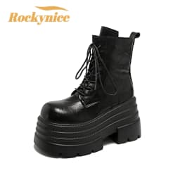 Women High Platform Boots Gothic Leather Punk Shoes Female Ankle Short Combat Boots 10.5CM Wedge Heels Chunky Motorcycle Boots