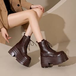 Women High Platform Boots Gothic Leather Punk Shoes Female Ankle Short Combat Boots 10.5CM Wedge Heels Chunky Motorcycle Boots