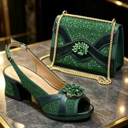 2026 Italian Elegant Green Large Size Women Heels Rhinestone Handbag Set For Wedding Party Bridal Evening Match Accessories